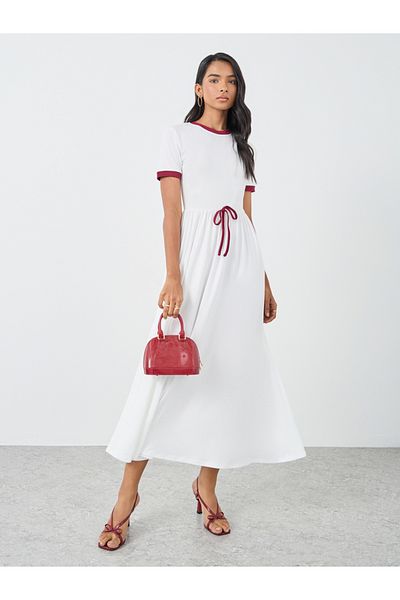 Styli Solid Short Sleeve A-Line Midi Dress with Bow Detail