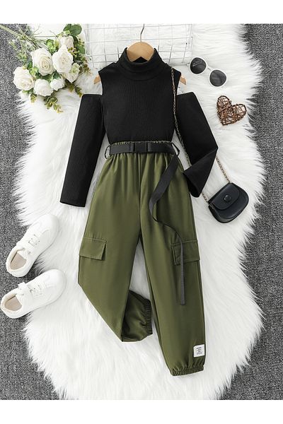 Take Two By Styli Girls Olive Cold Shoulder Top and Belted Joggers Set