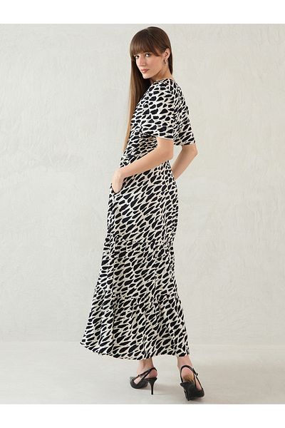 Femmella By Styli Abstract Print Short Sleeve Tiered Maxi Dress