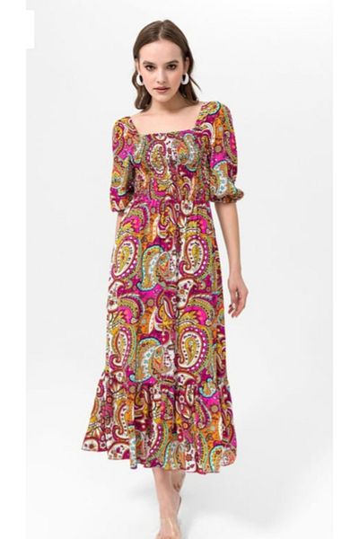 MODA Gipeli Size Part Elasticated, Pool Neckline Printed Sleeves Balloon and Elasticated Long Dress