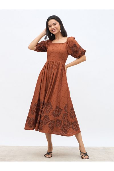 Styli Embroidered Puff Sleeves A-Line Midi Dress