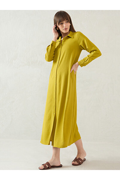 Femmella By Styli Green Solid Long Sleeve Shirt Midi Dress with Button Front