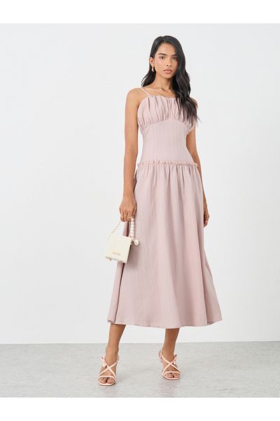 Styli Textured Strappy A-Line Midi Dress with Ruffled Detail