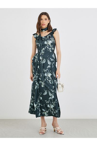 Styli Floral Print Ruffle Trim A-Line Midi Dress with Slit