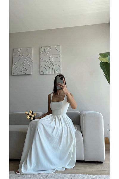 Zoom Butik Valeria Square Neck Midi Dress - White