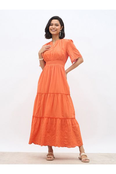 Styli Schiffli Trim Smocked Detail Tiered Maxi Dress