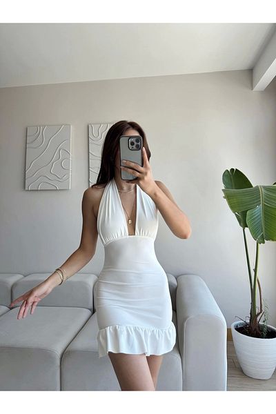 Zoom Butik Halter Neckline Ruffle Dress - White