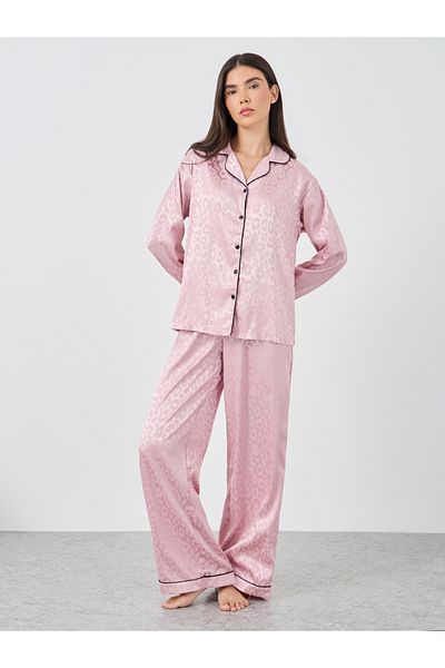 Styli Satin Jacquard Animal Print Piped Detail Shirt and Pyjama Set