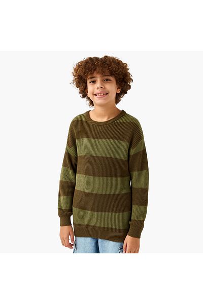 Juniors Striped Crew Neck Pullover with Long Sleeves