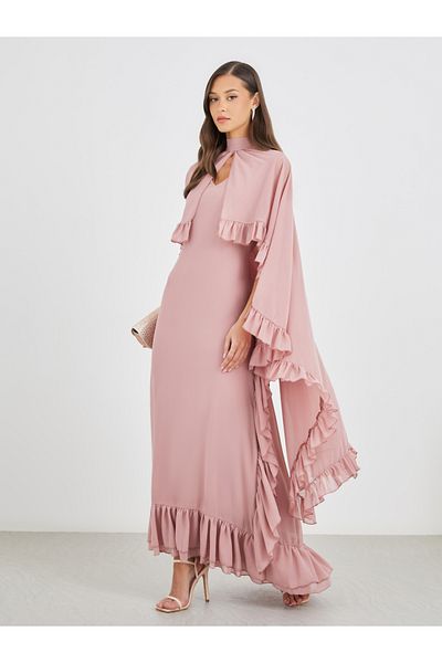 Styli Ruffled Cape Sleeve High Neck Maxi Dress