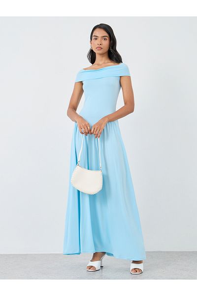 Styli Solid Off Shoulder Gathered Detail Maxi Dress