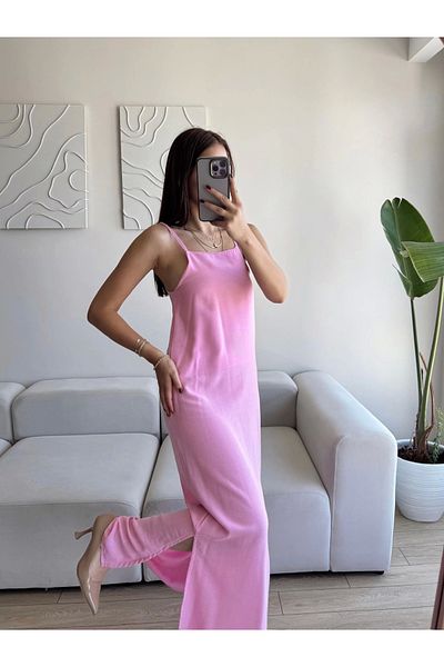 Zoom Butik Slit Linen Strap Dress - Pink