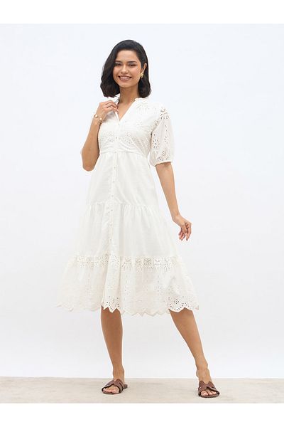 Styli Women White Schiffli Puff Sleeves Tiered Midi Dress
