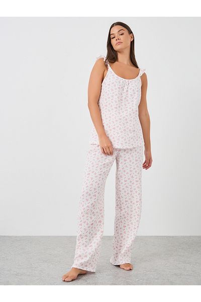 Styli All-Over Floral Print Cotton Gauze Ruffle Shoulder Cami and Pyjama Set