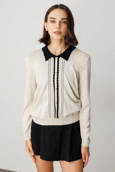 Onteks 59320 Long Sleeved Bluz with Buttons on the Collar and Front with Zigzag Look