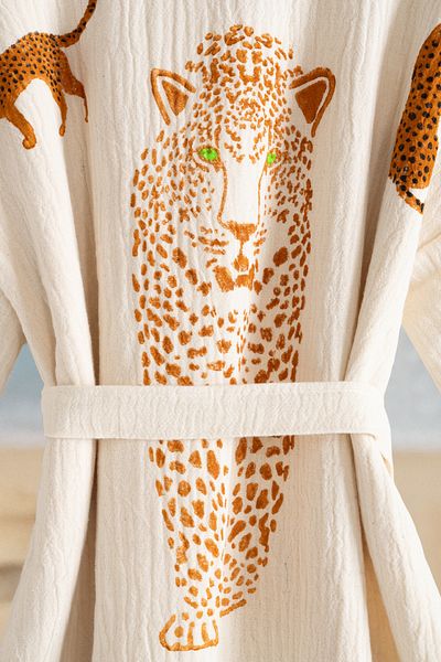 VAROL Organic 100% Cotton Kimono Collar Sabali Bathrobe Beach Dress - Leopard - L/Xl