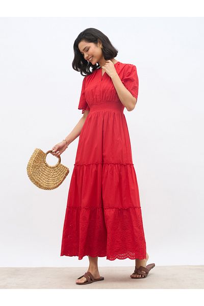Styli Schiffli Trim Smocked Detail Tiered Maxi Dress