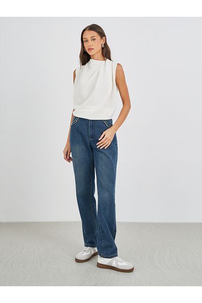 Styli Solid Asymmetric Neck Sleeveless Top