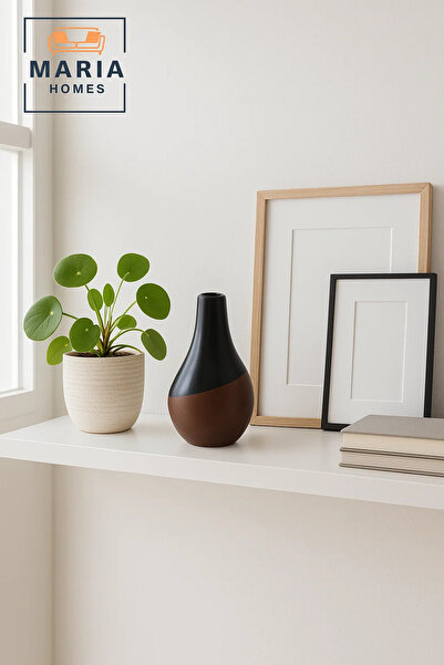 MARIA HOMES Modern Ceramic Vase with Glossy Black & Wood-Tone Base – Teardrop Shape