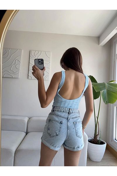 Zoom Butik Ribbed Back Oval Crop - Blue