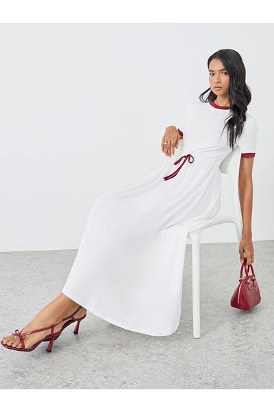Styli Solid Short Sleeve A-Line Midi Dress with Bow Detail