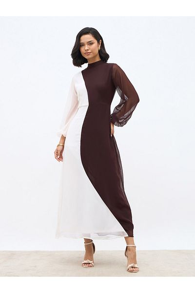Styli Color Block High Neck A-Line Maxi Dress