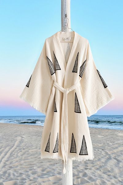 VAROL Organic 100% Cotton Kimono Collar Bathrobe Beach Dress - Pyramid - L/Xl