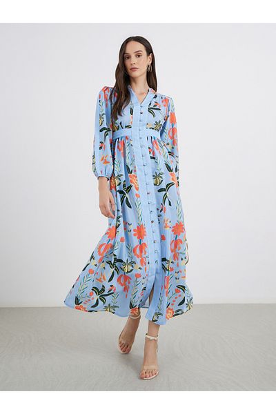 Styli All Over Print Buttoned A-Line Maxi Dress