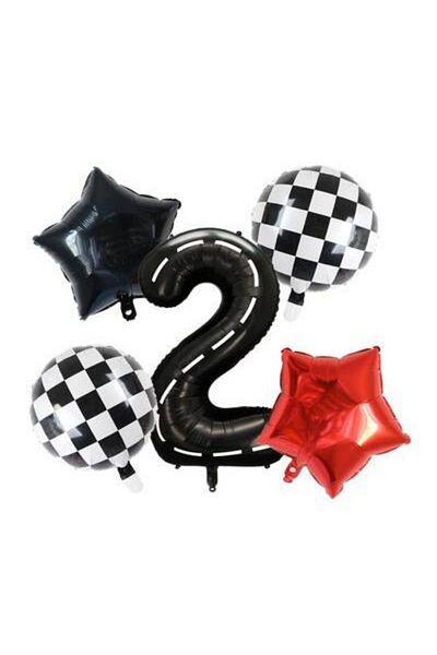 parti sürprizi Black Race Track Checkered 2 Year Old Foil Balloon Set
