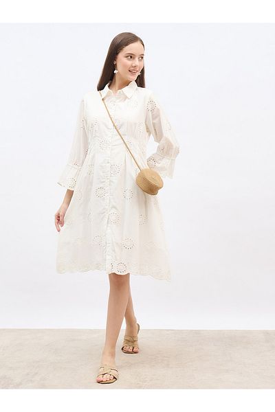 Styli Women White Schiffli Bell Sleeves Shirt Knee-Length Dress
