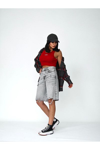 Zeo Basic Women's Long Bermuda Jeans Shorts with Slit Detail Midi Size Gray