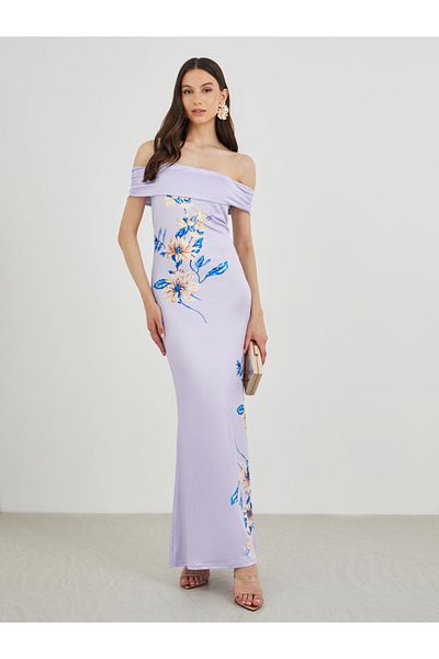 Styli Floral Print Sleeveless Off Shoulder Maxi Dress