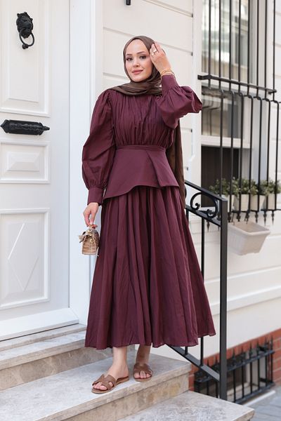 LOCCO Women's Belted Kraş Dress Burgundy