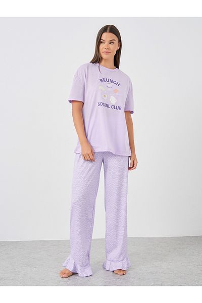 Styli Slogan Print Short Sleeve T-Shirt and Pyjama Set