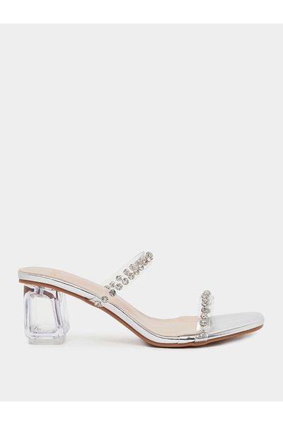 Styli Embellished Open Toe Transparent Block Heel Sandals