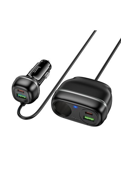 REDz Accessories Încărcător auto cu cablu prelungitor 0.75M, Hoco Z59A, 2 x USB + 2 x Tip-C, priză brichetă, 240W, negru