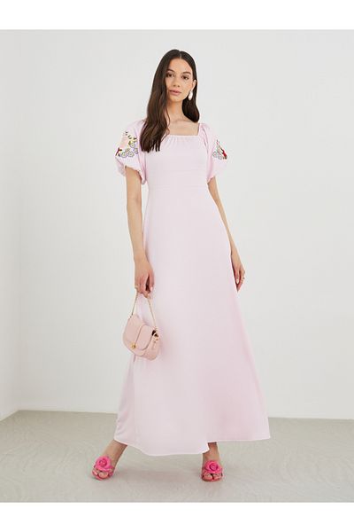 Styli Embroidered Puff Sleeve Square Neck Maxi Dress