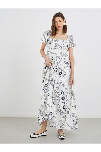 Styli Floral Print Puff Sleeves A-Line Maxi Dress with Smocked Back
