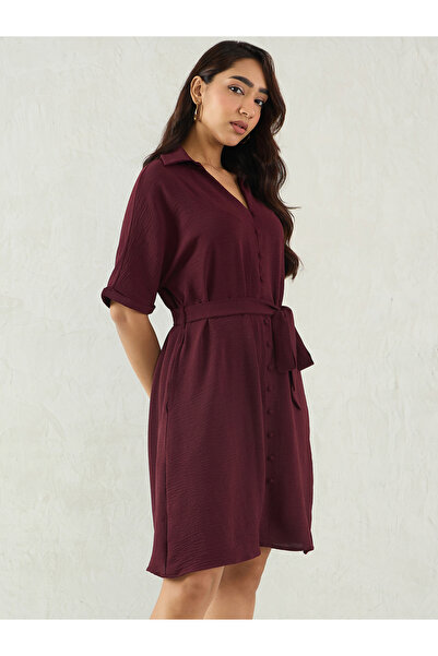 Femmella By Styli Purple Crinkled Button Down Shirt Knee Length Dress