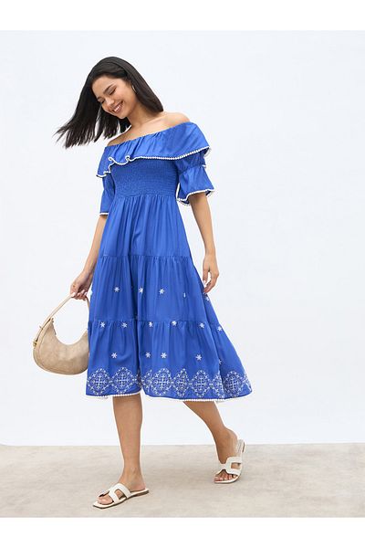 Styli Women Blue Embroidered Off-Shoulder A-Line Midi Dress with Smocking