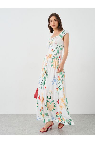 Styli Floral Print Gathered Detail A-Line Maxi Dress
