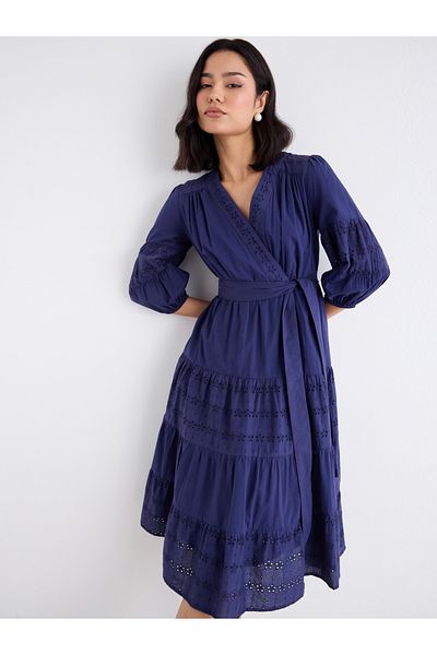 Styli Schiffli Wrap Balloon Sleeve Midi Dress
