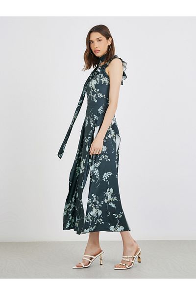 Styli Floral Print Ruffle Trim A-Line Midi Dress with Slit