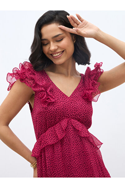 Styli Women All-Over Print V Neck Tiered Maxi Dress with Ruffle Trim