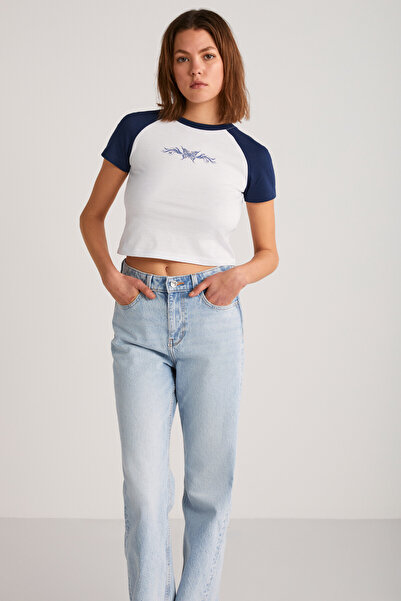 ETHIQUET VANE Femei bumbac 100% Mânecă scurtă cu imprimeu Crop Alb/Marin tricou