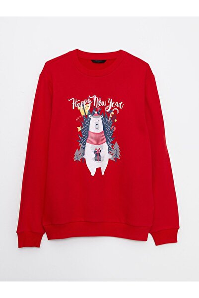 LC Waikiki Ανδρικό χοντρό φούτερ με μακρύ μανίκι με λαιμόκοψη σε κόκκινο χρώμα με θέμα την Πρωτοχρονιά