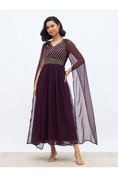 Styli Embellished Cape Sleeve V-Neck Maxi Dress
