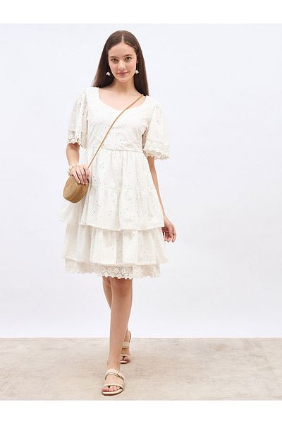 Styli Schiffli Trim Layered Knee-Length Dress