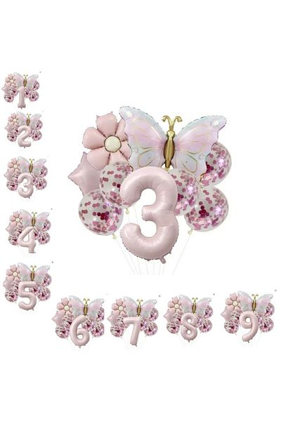 parti sürprizi Gold Butterfly Daisy 3 Year Old Foil Balloon Set