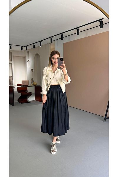 Sezgi Tekin Waist Elastic Wrinkled Texture Satin Midi Black Skirt